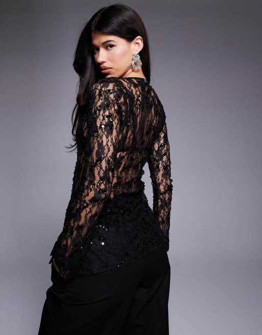 ASOS DESIGN - Top long en dentelle délicate à ornements avec encolure carrée - Noir, 2 de 4