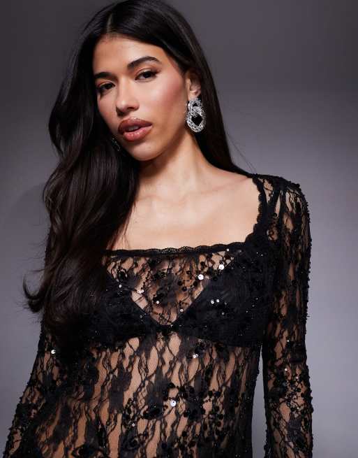 ASOS DESIGN - Top long en dentelle délicate à ornements avec encolure carrée - Noir, 3 de 4