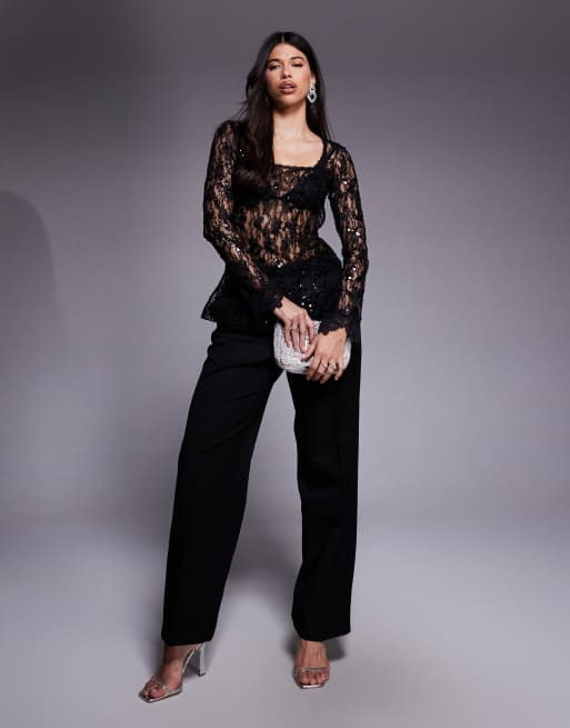 ASOS DESIGN - Top long en dentelle délicate à ornements avec encolure carrée - Noir, 4 de 4