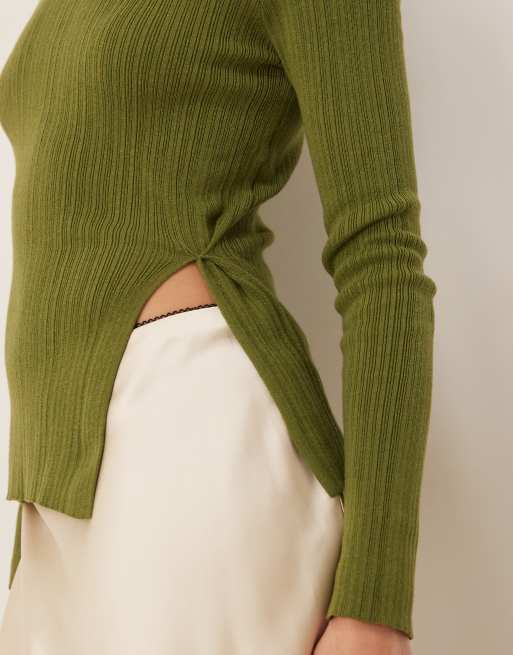 ASOS DESIGN - Top long en maille avec col ras de cou et fente latérale - Kaki, 3 de 4