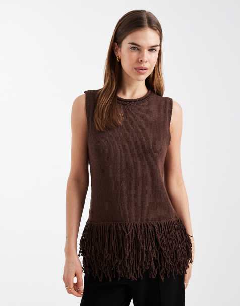 ASOS DESIGN - Top long en maille avec franges - Marron - view 1