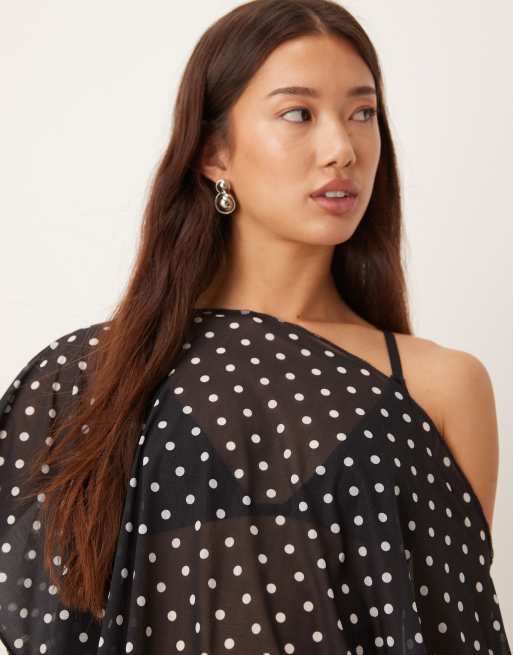ASOS DESIGN - Top long et ample en tulle transparent avec épaule dénudée - Noir à pois, 3 de 4