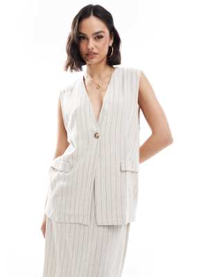 Top long style gilet de tailleur d'ensemble en tissu aspect lin à rayures-Multicolore 40