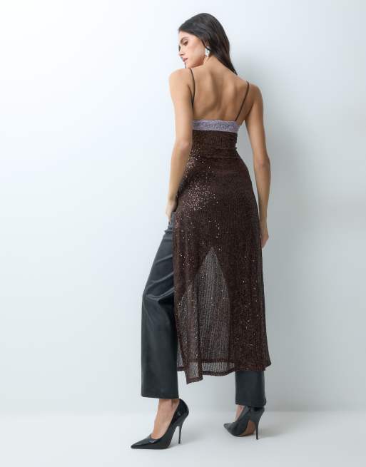 ASOS DESIGN top lungo a spalline con paillettes e pizzo, marrone e lilla, 4 di 5