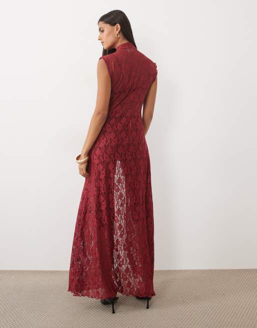 ASOS DESIGN top lungo con rifiniture in pizzo e colletto alla coreana rosso, 4 di 4