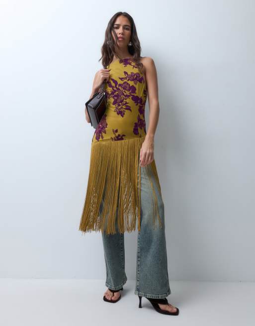 ASOS DESIGN top lungo floccato con frange in ocra, 2 di 4