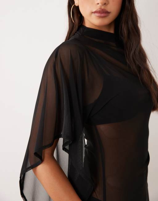 ASOS DESIGN top lungo in rete asimmetrico con spacco alto nero, 2 di 4
