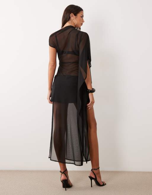 ASOS DESIGN top lungo in rete asimmetrico con spacco alto nero, 3 di 4
