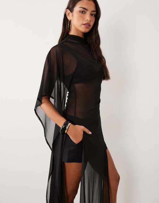 ASOS DESIGN top lungo in rete asimmetrico con spacco alto nero, 4 di 4