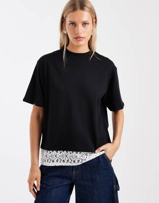 Top manches courtes avec dos ouvert et détail en dentelle - Noir XS