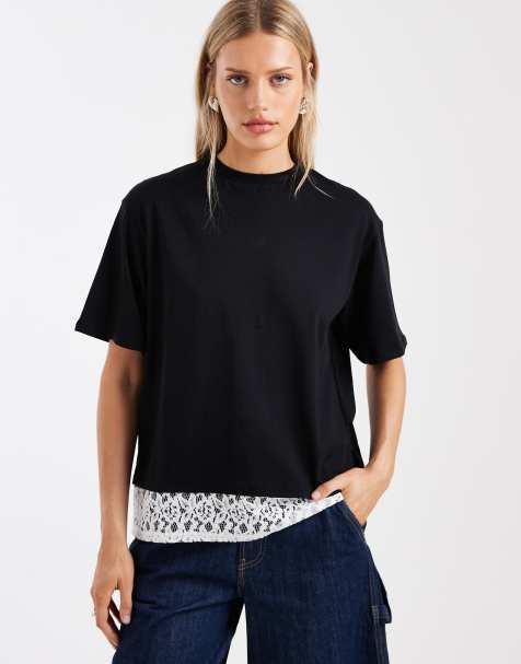 ASOS DESIGN - Top manches courtes avec dos ouvert et détail en dentelle - Noir - view 1