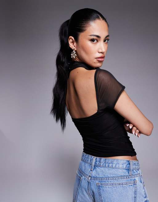 ASOS DESIGN - Top manches courtes d'ensemble en tulle à encolure croisée et bouton rouleau - Noir, 4 de 4