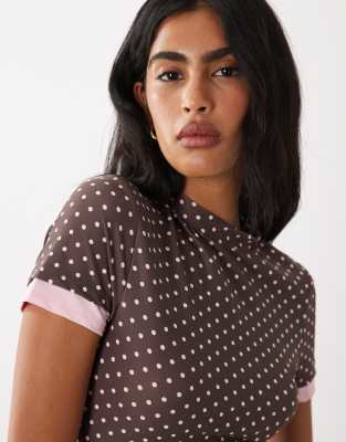 Top manches courtes double épaisseur à pois - Marron et rose XS