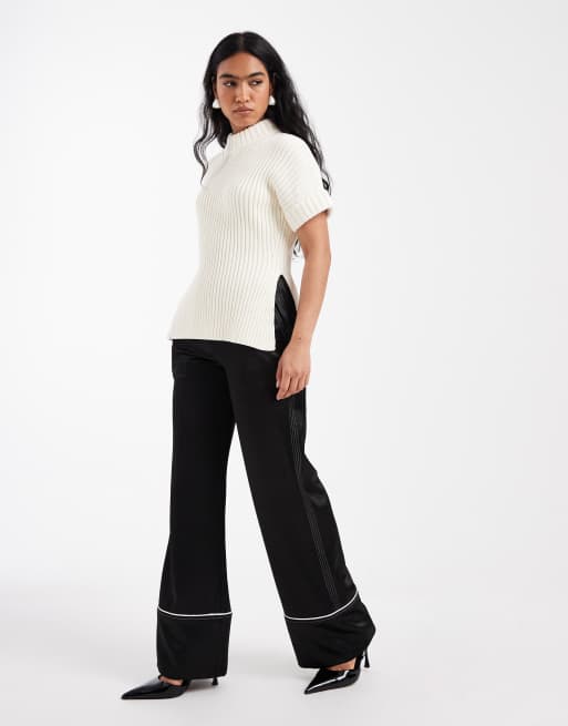 ASOS DESIGN - Top manches courtes en maille fendu sur les côtés avec col rembourré - Crème, 2 de 4