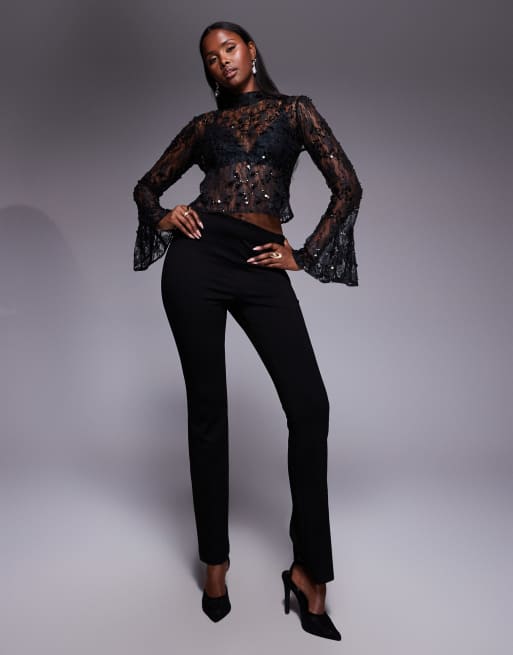 ASOS DESIGN - Top manches évasées en dentelle délicate à sequins parsemés et découpe au dos - Noir, 2 de 4