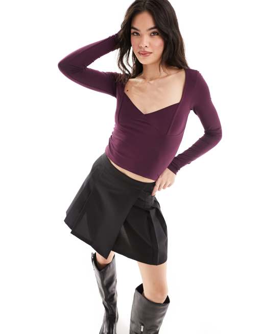 ASOS DESIGN - Top manches longues à bonnets marqués - Lie-de-vin