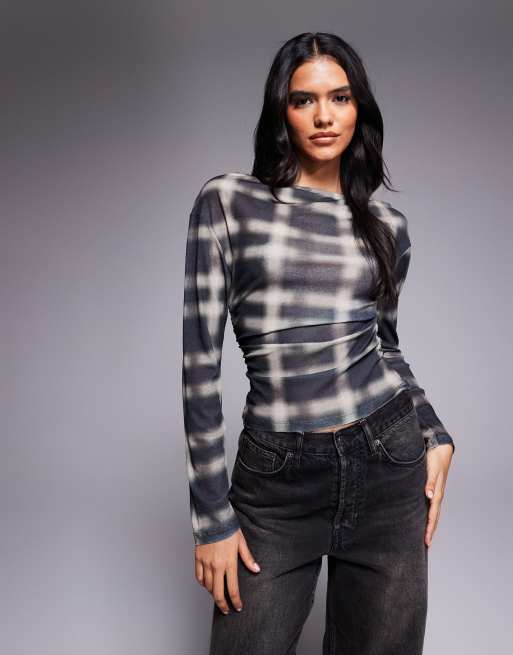 ASOS DESIGN - Top manches longues à carreaux en maille transparente légère - Multicolore