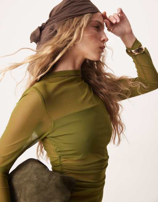 ASOS DESIGN - Top manches longues à col montant et fronces sur les côtés - Olive