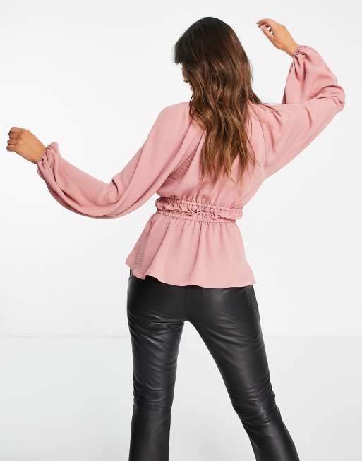 ASOS DESIGN - Top manches longues à col V avec manches kimono et liens noués sur le devant - Rose pâle , 2 de 4