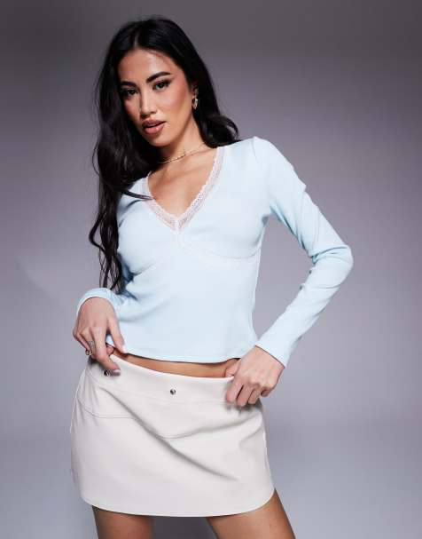 ASOS DESIGN - Top manches longues à décolleté plongeant et finition en dentelle - Bleu - view 1