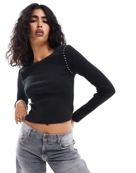 ASOS DESIGN - Top manches longues à détail clouté - Noir - view 1