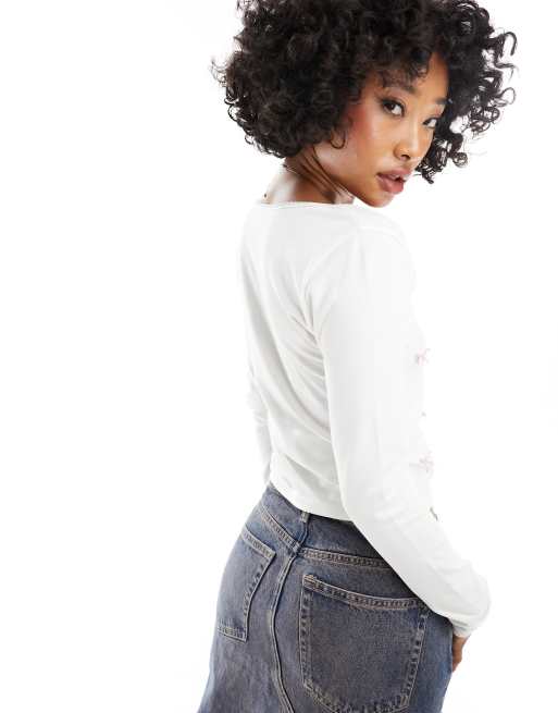ASOS DESIGN - Top manches longues à détail nœud - Ivoire, 3 de 4