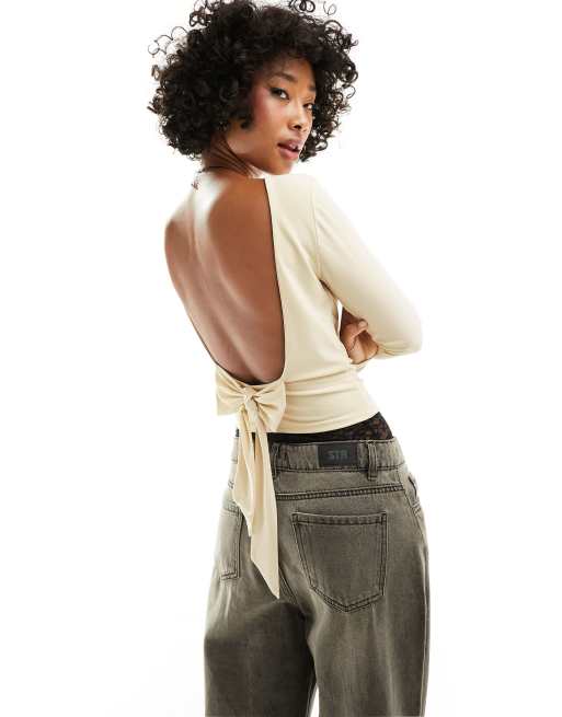 ASOS DESIGN - Top manches longues à dos ouvert avec détail nœud - Ivoire