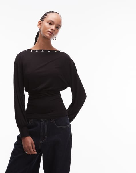 ASOS DESIGN - Top manches longues à encolure bateau avec empiècement froncé et boutons - Noir - view 1