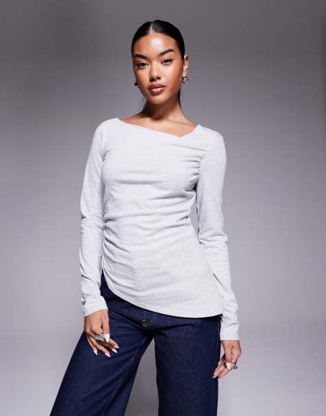 ASOS DESIGN - Top manches longues à encolure et ourlet asymétriques - Gris chiné - view 1