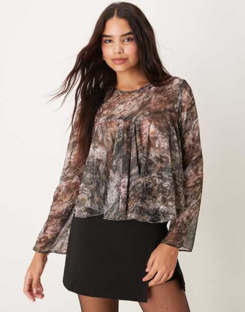 ASOS DESIGN - Top manches longues à godets avec imprimé abstrait effet flouté - view 1