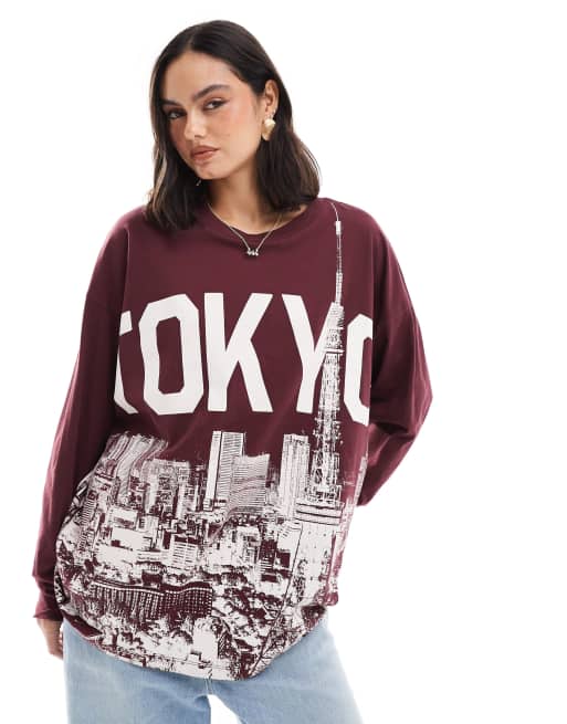 ASOS DESIGN - Top manches longues à imprimé gratte-ciel - Bordeaux