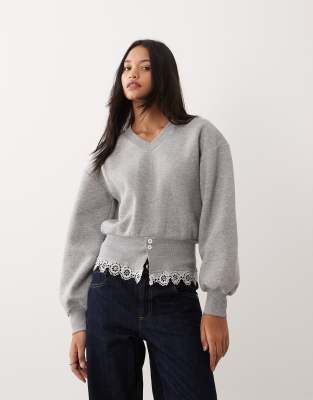 Top manches longues à taille cintrée avec col et détail en dentelle - Gris XS