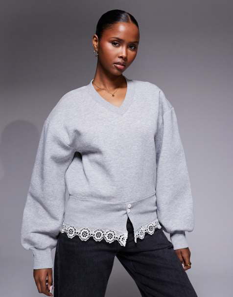 ASOS DESIGN - Top manches longues à taille cintrée avec col et détail en dentelle - Gris - view 1