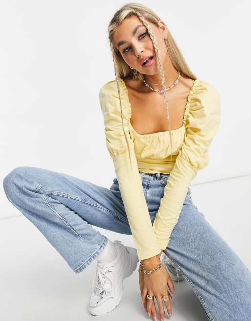ASOS DESIGN - Top manches longues avec buste froncé et encolure carrée - Jaune