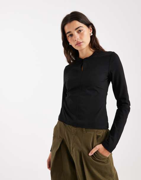 ASOS DESIGN - Top manches longues avec fente goutte d'eau à détail torsadé - Noir - view 1