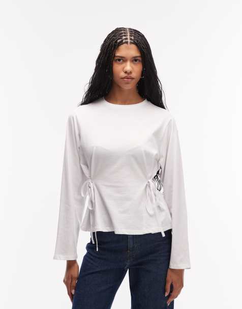 ASOS DESIGN - Top manches longues avec liens noués à la taille - Blanc - view 1