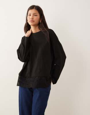 Top manches longues avec ourlet en dentelle - Noir S