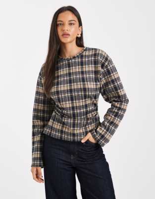 Top manches longues avec taille corsetée à carreaux écossais-Multicolore M