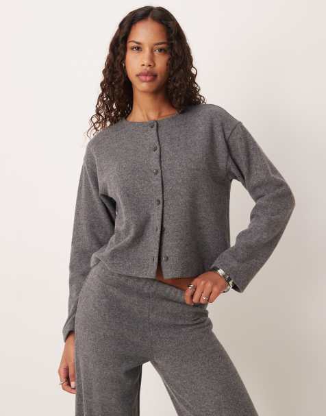 ASOS DESIGN - Top manches longues d'ensemble boutonné en maille ultra-douce - Gris - view 1