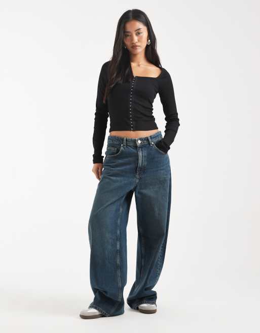 ASOS DESIGN - Top manches longues en coton côtelé avec encolure carrée et agrafes - Noir, 2 de 4