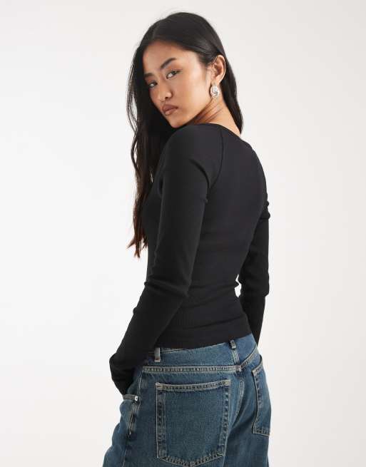 ASOS DESIGN - Top manches longues en coton côtelé avec encolure carrée et agrafes - Noir, 3 de 4