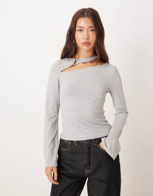 Top manches longues en coton doux au toucher à découpe - Gris chiné M