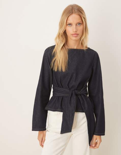 ASOS DESIGN - Top manches longues en denim avec taille cintrée à détail noué - Indigo - view 1