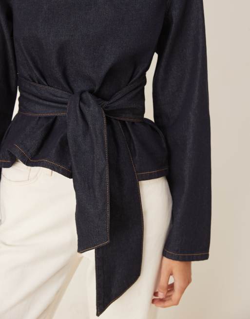 ASOS DESIGN - Top manches longues en denim avec taille cintrée à détail noué - Indigo, 4 de 4