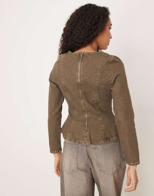 ASOS DESIGN - Top manches longues en jean à basque - Vert olive, 3 de 4