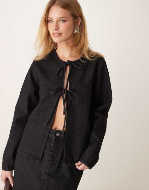 ASOS DESIGN - Top manches longues en jean noué devant - Noir délavé - view 1