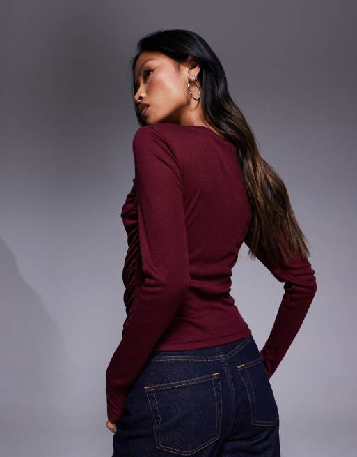 ASOS DESIGN - Top manches longues en jersey doux drapé - Bordeaux, 2 de 4