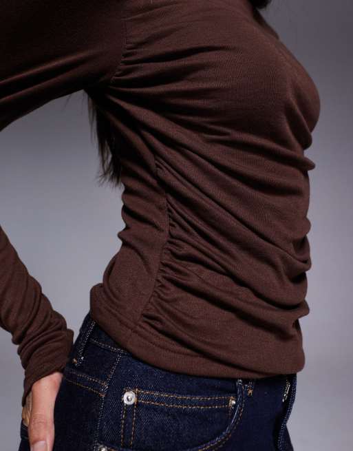 ASOS DESIGN - Top manches longues en jersey doux drapé - Chocolat, 3 de 4