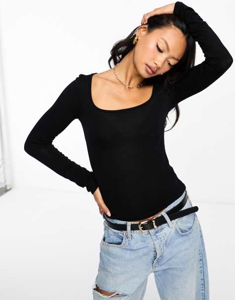 ASOS DESIGN - Top manches longues en maille fine à col échancré - Noir - view 1