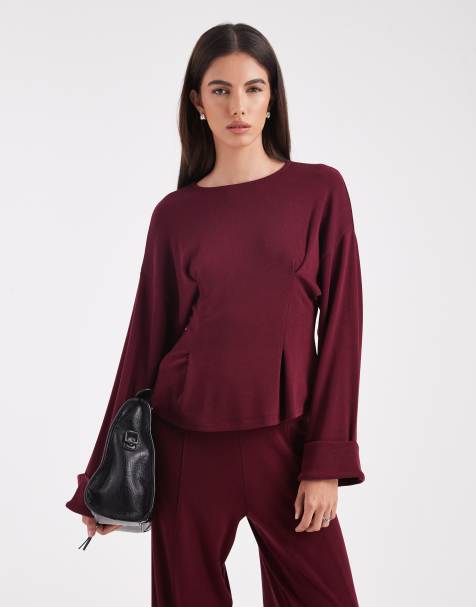 ASOS DESIGN - Top manches longues en maille fine avec poignets à large revers et taille cintrée - Cerise foncé - view 1